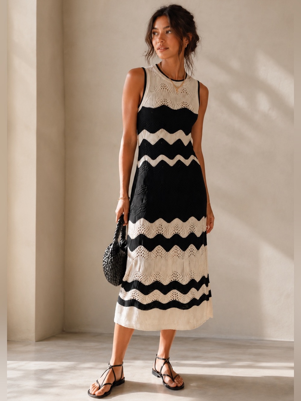 Gap Crochet Knit Midi Dress Medium Black Cream Chevron‎ 100% Cotton Boho